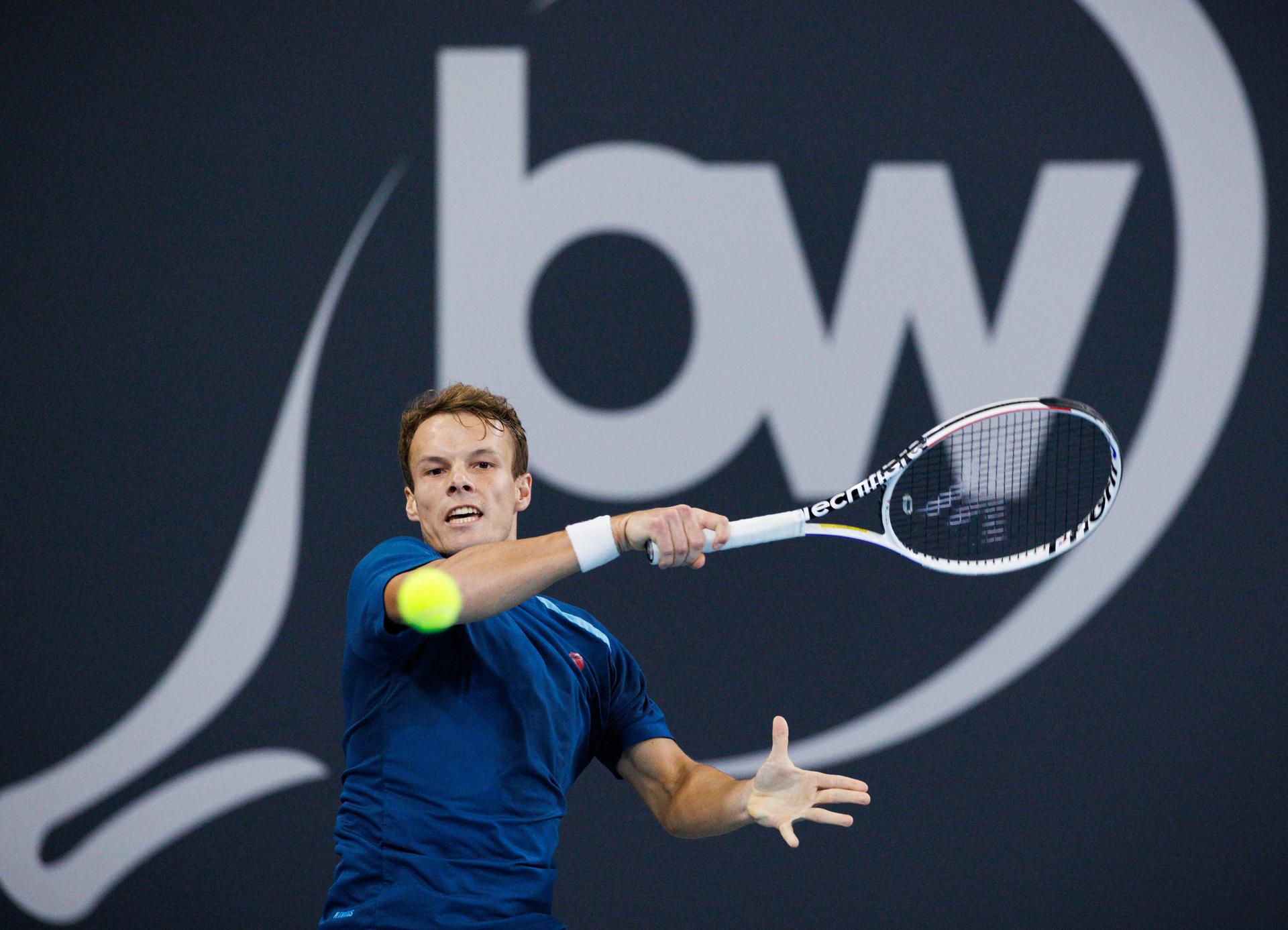 Belgian Michael Geerts pictured during a qualification game between Belgian Geerts and Canadian Diez in the men's singles at the BW Open ATP Challenger 125 tournament, in Louvain-la-Neuve, Monday 22 January 2024. THE BW Open takes place from 22 to 28 January. BELGA PHOTO BENOIT DOPPAGNE