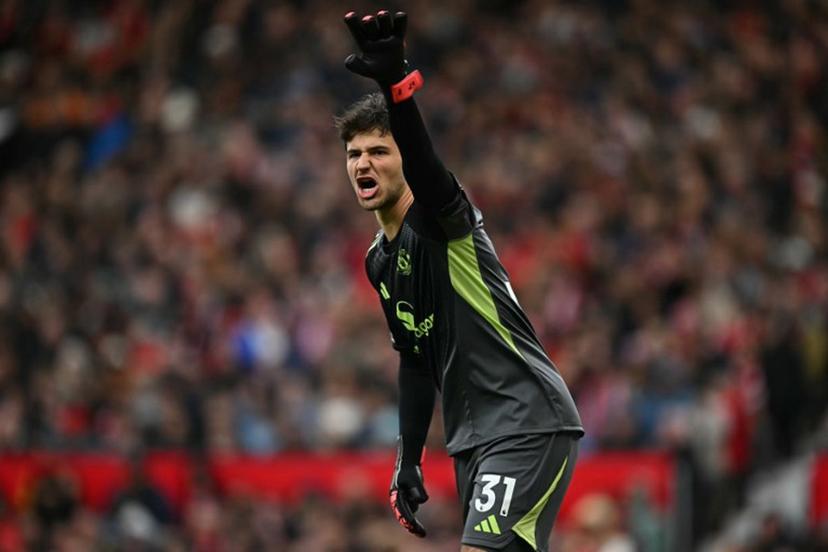 Manchester United's Belgian goalkeeper #31 Senne Lammens gestures during the English Premier League football match between Manchester United and Sunderland at Old Trafford in Manchester, north west England, on October 4, 2025.  Paul ELLIS / AFP