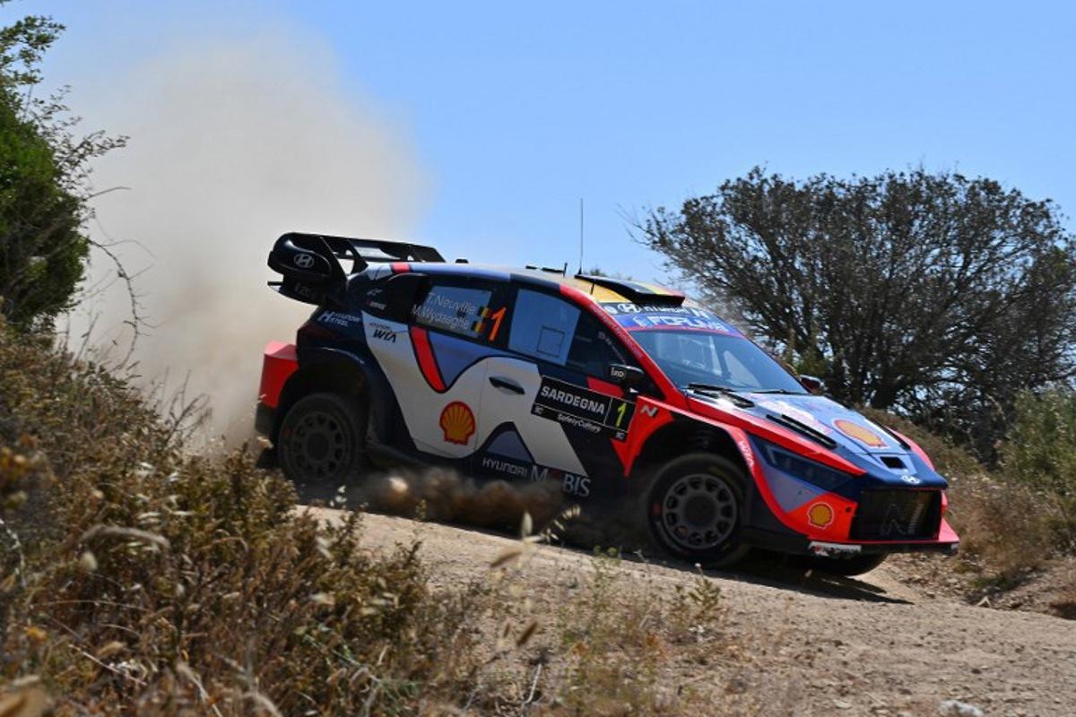 Belgium driver Thierry Neuville steers his Hyundai i20N Rally 1 assisted by his co-driver Martijn Wydaeghe, as they compete in the SS15 special between San Giacomo and Plebi during the 22nd edition of the Rally Italia Sardegna, 6th round of the FIA World Rally Championship (WRC), near Olbia, Sardinia, on June 8, 2025.  Andreas SOLARO / AFP