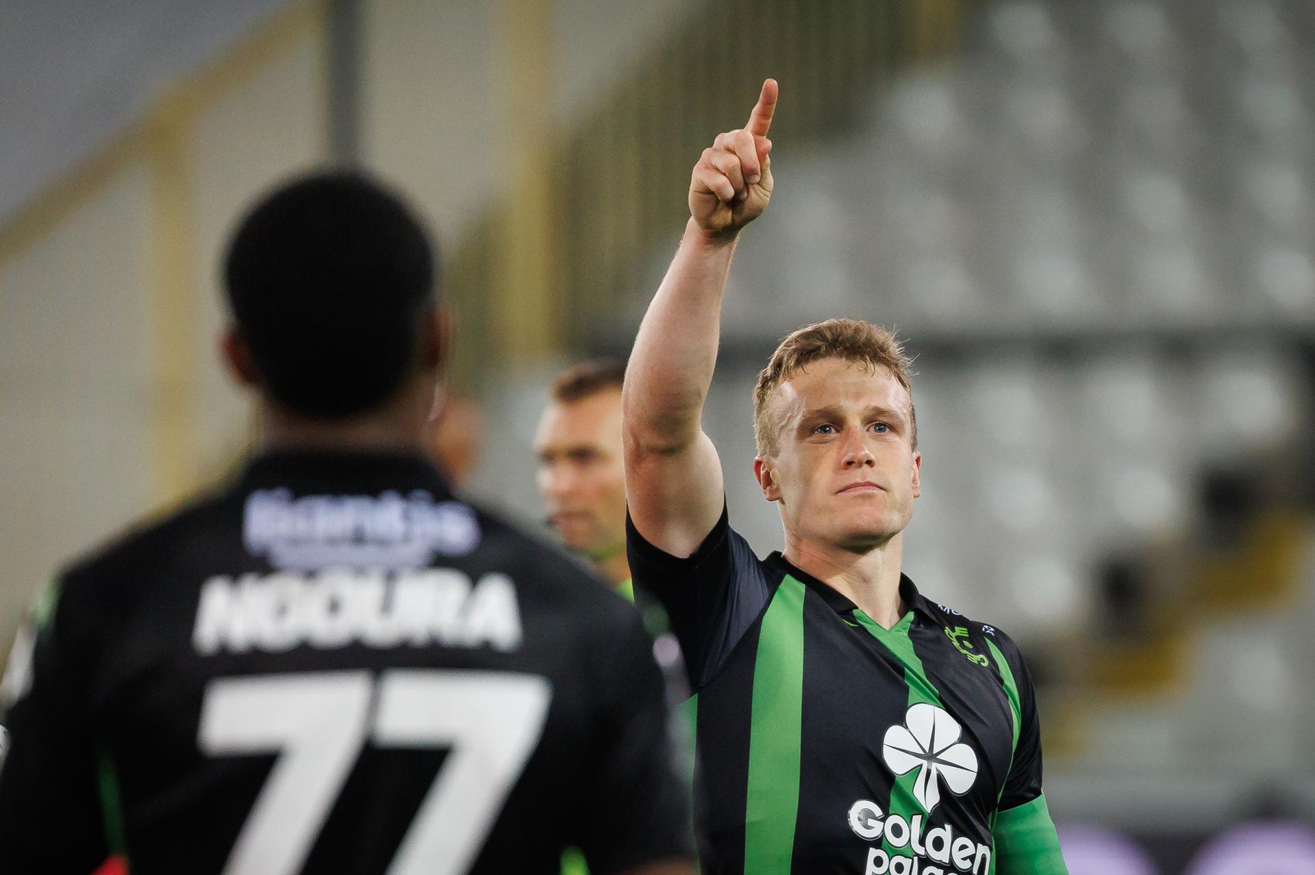 Cercle's Thibo Somers celebrates after scoring during a soccer match between Cercle Brugge and Sint-Truidense VV, Saturday 26 April 2025 in Brugge, on day 4 (out of 6) of the Relegation Play-offs of the 2024-2025 'Jupiler Pro League' first division of the Belgian championship. BELGA PHOTO KURT DESPLENTER