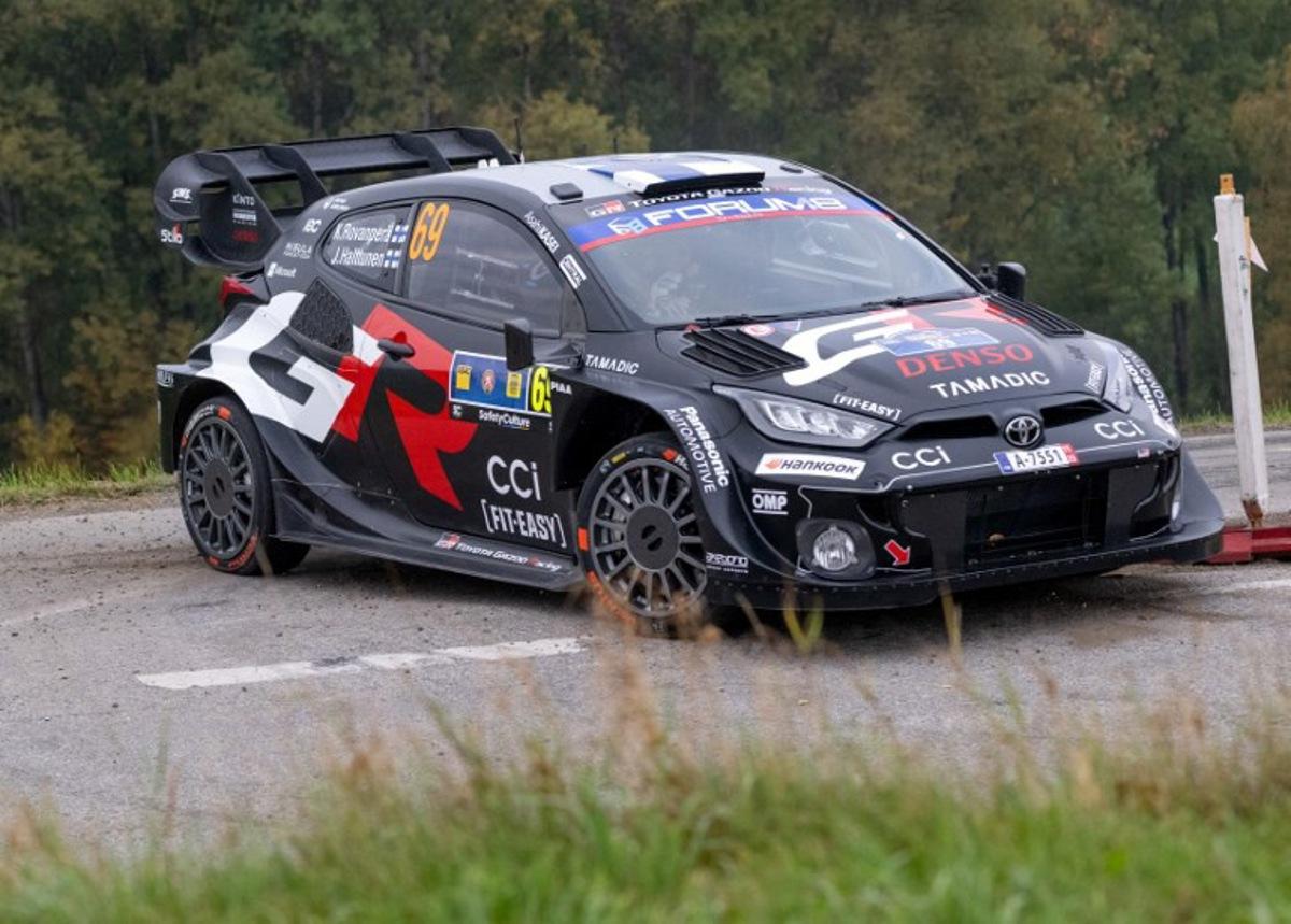 Finnish driver Kalle Rovanpera and co-driver Jonne Halttunen compete in their Toyota GR Yaris Rally1 car during day three of the FIA World Rally Championship WRC Central European Rally at the SS9 "Made in FRG" stage near Roehrnbach close to Passau, southern Germany on October 18, 2025.  Joe Klamar / AFP