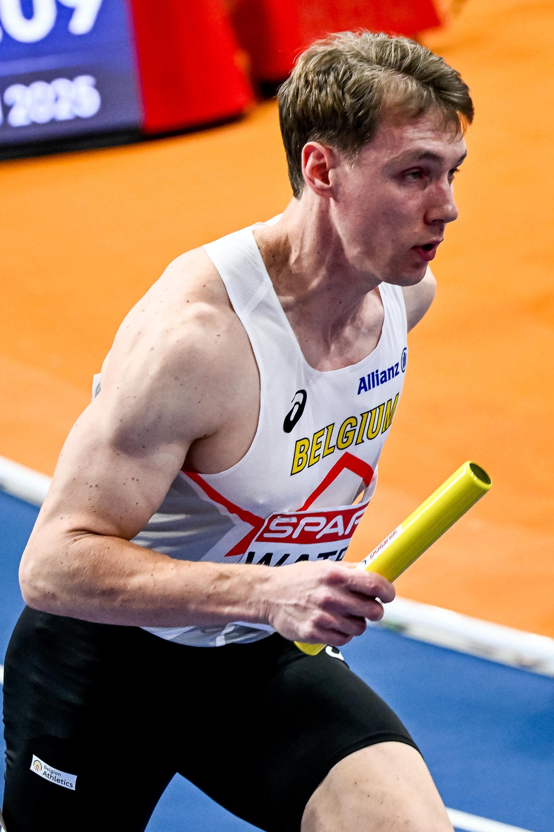 Belgian athlete Julien Watrin pictured in action during the warming-up for the 4x400 mixed relays at the European Athletics Indoor Championships, in Apeldoorn, The Netherlands, Thursday 06 March 2025. The championships take place from 6 to 9 March. BELGA PHOTO ERIC LALMAND