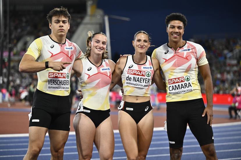 Belgium's 'Belgian Dragonflies' with Cédric Verschueren; Rani Vincke; Janie De Naeyer and Ibrahim Camara pose after the final of the 4x100m mixed relay, on the seventh and last day of the European Athletics Championships (August 10-18) in Birmingham, United Kingdom, on Sunday 16 August 2026. BELGA PHOTO ERIC LALMAND