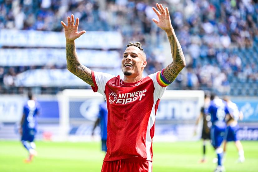 Antwerp's Tjaronn Chery celebrates after winning a soccer match between KAA Gent and Royal Antwerp FC, Sunday 11 May 2025 in Gent, on day 8 (out of 10) of the Champions' Play-offs of the 2024-2025 'Jupiler Pro League' first division of the Belgian championship. BELGA PHOTO TOM GOYVAERTS