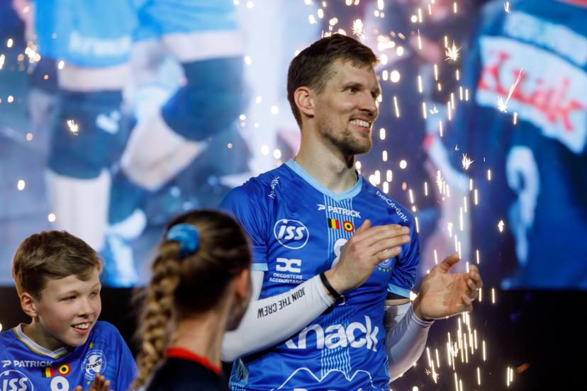 Roeselare's Matthijs Verhanneman celebrates after winning the match between Descospan Menen and Knack Roeselare, the final match in the men Belgian volleyball cup competition, Sunday 02 March 2025 in Merksem, Antwerp. BELGA PHOTO HATIM KAGHAT