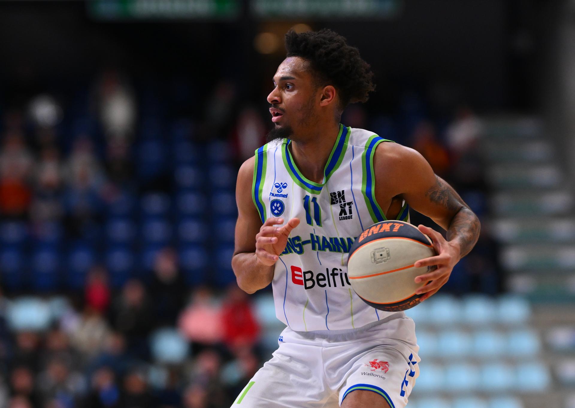 Mons' Zaccharie Mortant pictured during a basketball match between Mons-Hainaut and Leuven Bears, Saturday 15 February 2025 in Mons, on day 23 of the 'BNXT League' Belgian/ Dutch first division basket championship. BELGA PHOTO JOHN THYS