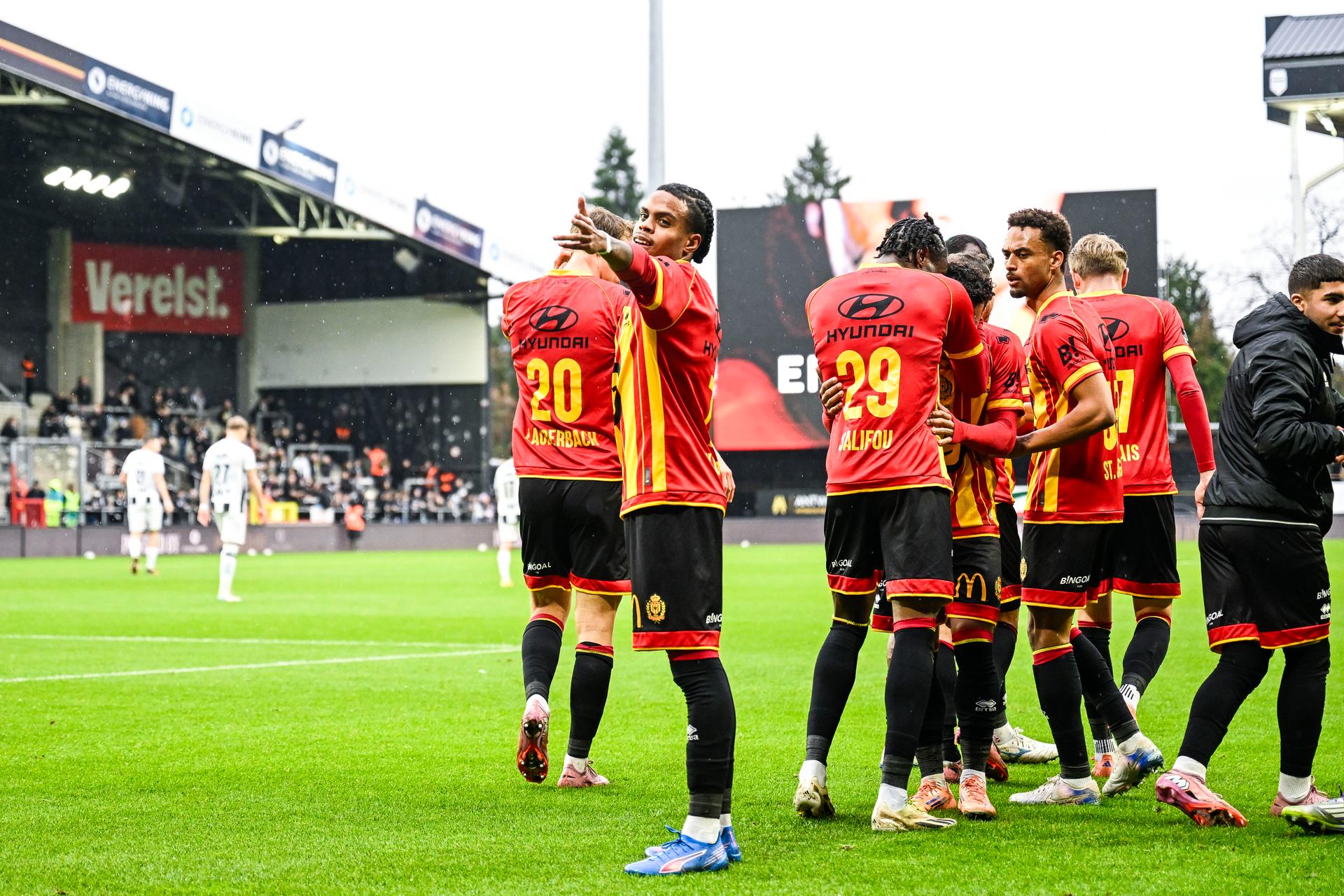 Mechelen's Therence Koudou celebrates after scoring during a soccer match between KV Mechelen and Sporting Charleroi, Sunday 07 December 2025 in Mechelen, on day 17 of the 2025-2026 'Jupiler Pro League' first division of the Belgian championship. BELGA PHOTO TOM GOYVAERTS