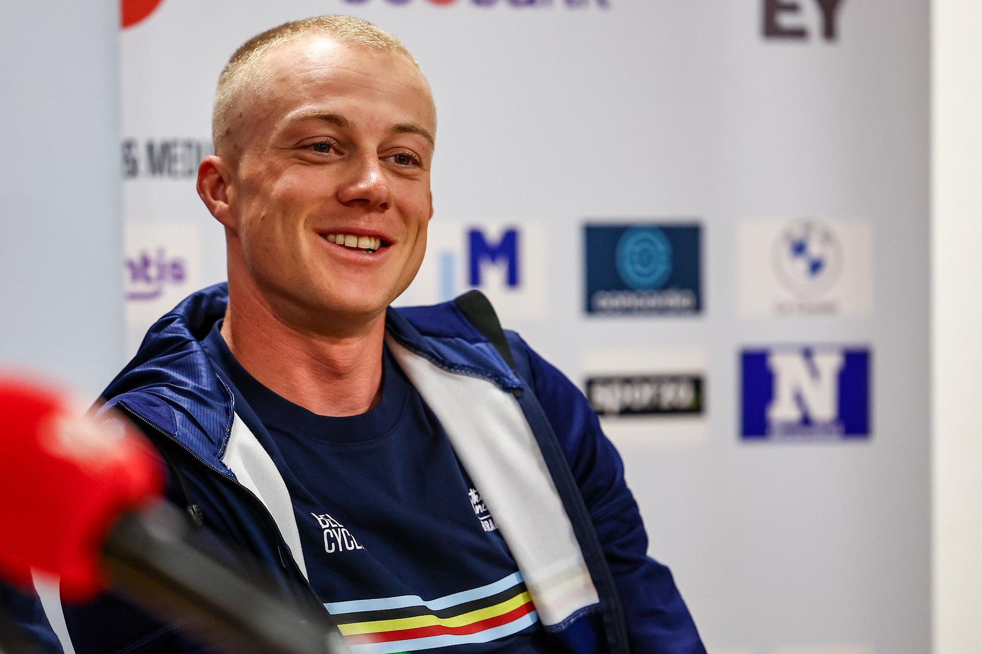 Belgian Maxim Van Gils pictured during a press conference at the UEC road European cycling championships, in Loriol-sur-Drome, France on Friday 03 October 2025. The European cycling championships Drome-Ardeche takes place from 1 to 5 October, France. BELGA PHOTO DAVID PINTENS