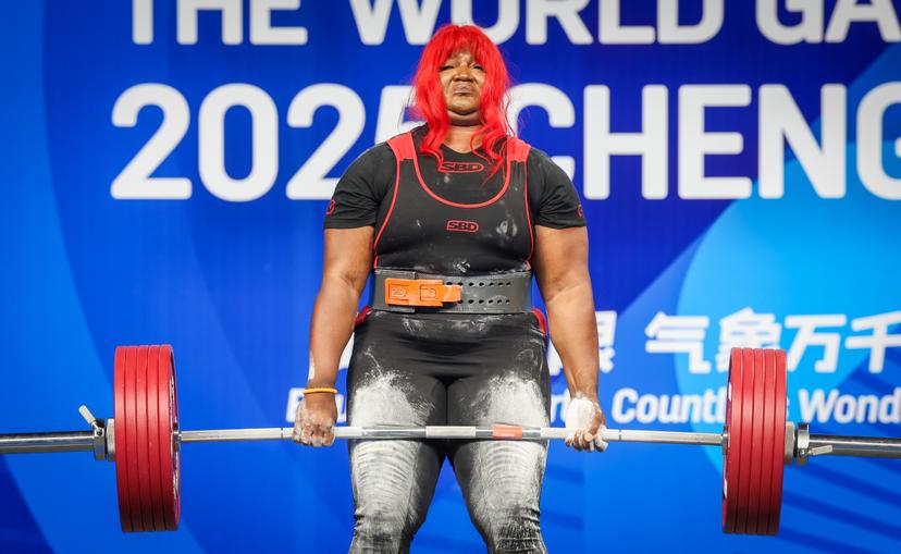 Belgian Sonita Muluh pictured during the super Heavyweight powerlifting event at the 2025 World Games, in Chenghdu, China, on Friday 15 August 2025. This year, the World Games take place from 7 to 17 August. BELGA PHOTO VIRGINIE LEFOUR