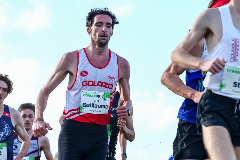 Belgian Guillaume Grimard pictured in action during the men's elite race at the CrossCup cross country running athletics event in Roeselare, the second stage of the CrossCup competition, Sunday 27 October 2024. BELGA PHOTO DAVID PINTENS