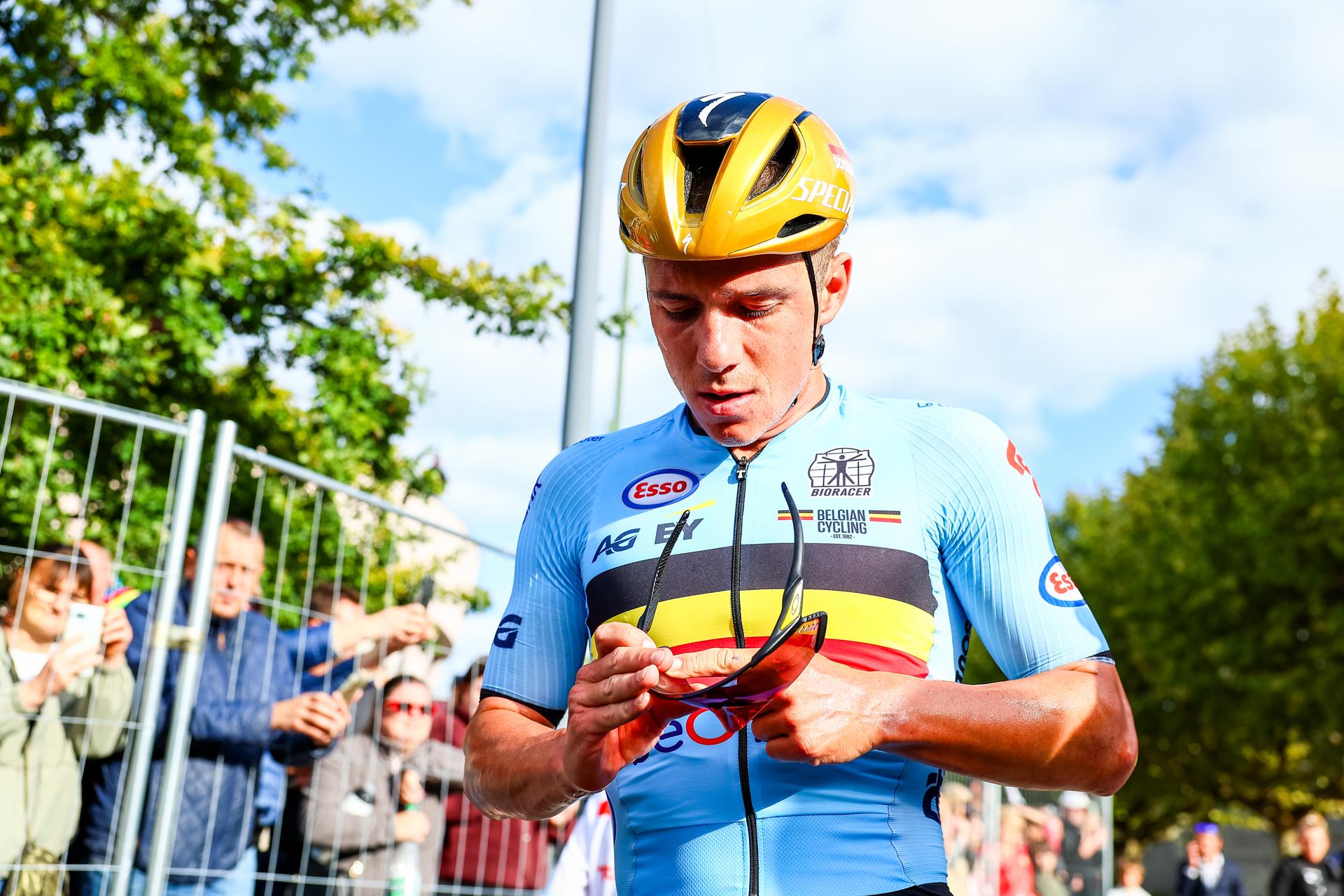 Belgium Remco Evenepoel pictured after the Men Elite raod race, a 202,5 km from Privas to Guilherand-Granges, at the UEC road European cycling championships, Sunday 05 October 2025, France. The European cycling championships Drome-Ardeche takes place from 1 to 5 October, France. BELGA PHOTO DAVID PINTENS