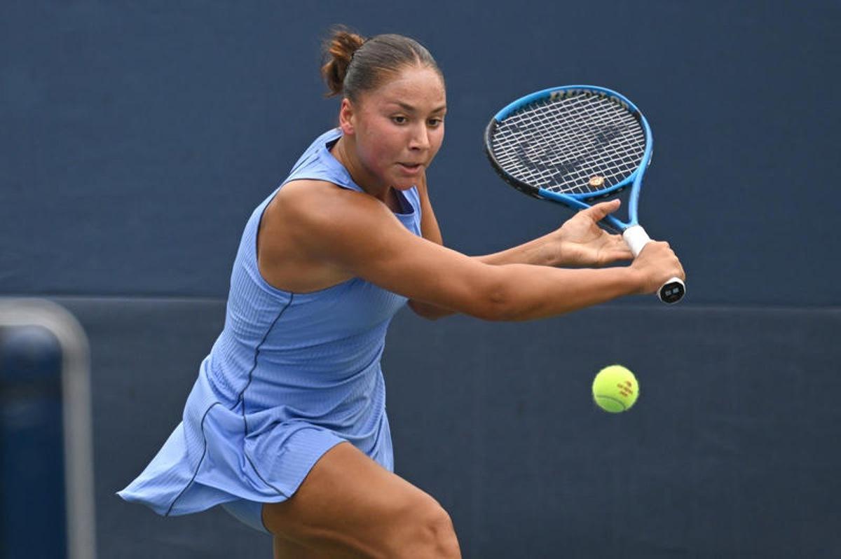 Sofia Costoulas of Belgium competes  against Katie Volynets of the United States during the Women's Qualifying Singles 1st round at the USTA Billie Jean King National Tennis Center in Flushing Meadow-Corona Park, in the Queens borough of New York, NY, August 18, 2025. (Photo by Anthony Behar/SipaUSA)