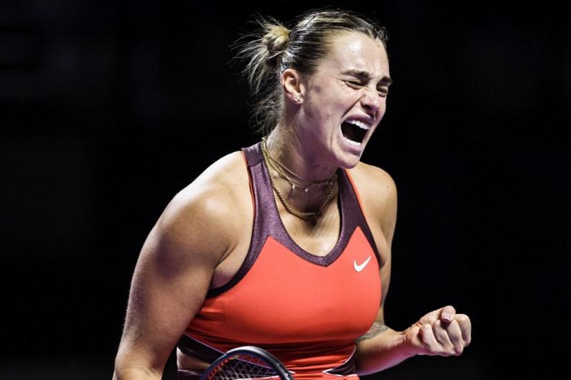 Belarus' Aryna Sabalenka reacts during during her tennis match against USA's Jessica Pegula at the WTA Finals in Riyadh on November 4, 2025.  Fayez NURELDINE / AFP