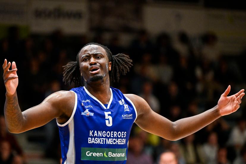 Mechelen's Zaba Bangala reacts during a basketball match between Kangoeroes Mechelen and House of Talents Spurs Kortrijk, Wednesday 02 April 2025 in Mechelen, on day 30 of the 'BNXT League' Belgian/ Dutch first division basket championship. BELGA PHOTO TOM GOYVAERTS