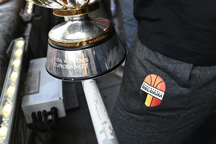A close up on the trophy at the celebrations at the Brussels city hall and Grand Place/ Grote Markt for Belgian national women basket team 'the Belgian Cats', after winning yesterday's European Championship final, Monday 30 June 2025. Yesterday the Cats successfully defended their European title, beating Spain in the final of the FIBA Women's EuroBasket 2025.  BELGA PHOTO ERIC LALMAND