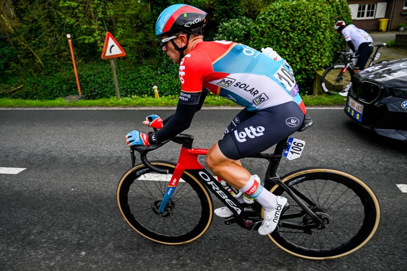 Belgian Lionel Taminiaux of Lotto Dstny pictured in action during the men's race of the 112th edition of the 'Scheldeprijs' one day cycling event, 205,3 km from Terneuzen, the Netherlands to Schoten, Belgium on Wednesday 03 April 2024. BELGA PHOTO TOM GOYVAERTS