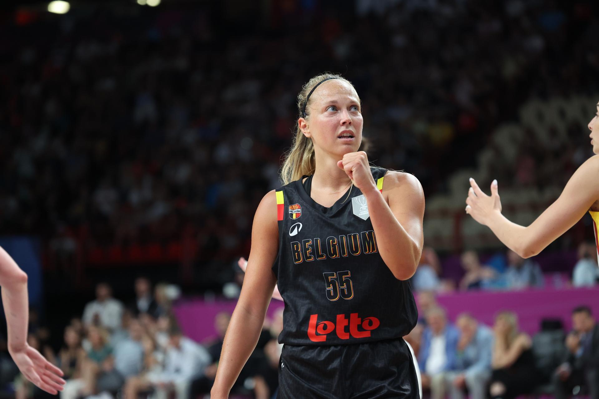 Belgium's Julie Allemand reacts at a basketball match between Spain and Belgian national team 'the Belgian Cats' on Sunday 29 June 2025 in Piraeus, Greece, the final of the FIBA Women's EuroBasket 2025.  BELGA PHOTO VIRGINIE LEFOUR