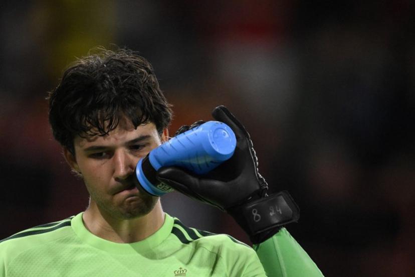 Belgium's goalkeeper #01 Senne Lammens drinks from his bottle during the UEFA Nations League, League A - Group 1, football match between Belgium and Turkey at the Maurice Dufrasne stadium, in Liege, eastern Belgium on October 2, 2026.  JOHN THYS / AFP
