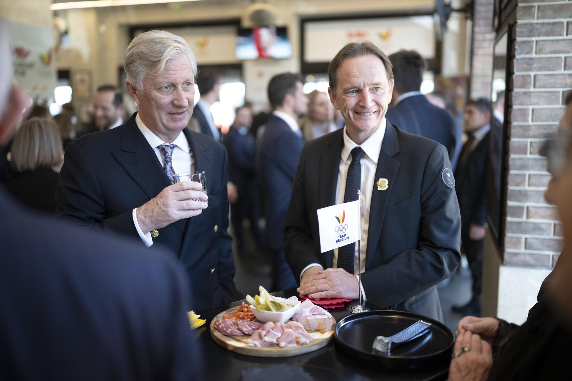 King Philippe - Filip of Belgium and BOIC - COIB chairman Jean-Michel Saive pictured during a royal visit to the Milano Cortina 2026 Olympic Winter Games, on Friday 20 February 2026 in Milan, Italy. The XXV Winter Olympics take place from 6 to 22 February 2026 in Italy. BELGA PHOTO JASPER JACOBS