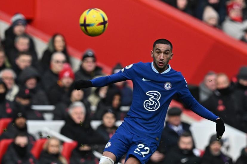 Chelsea's Moroccan midfielder Hakim Ziyech controls the ball during the English Premier League football match between Liverpool and Chelsea at Anfield in Liverpool, north west England on January 21, 2023.  Paul ELLIS / AFP