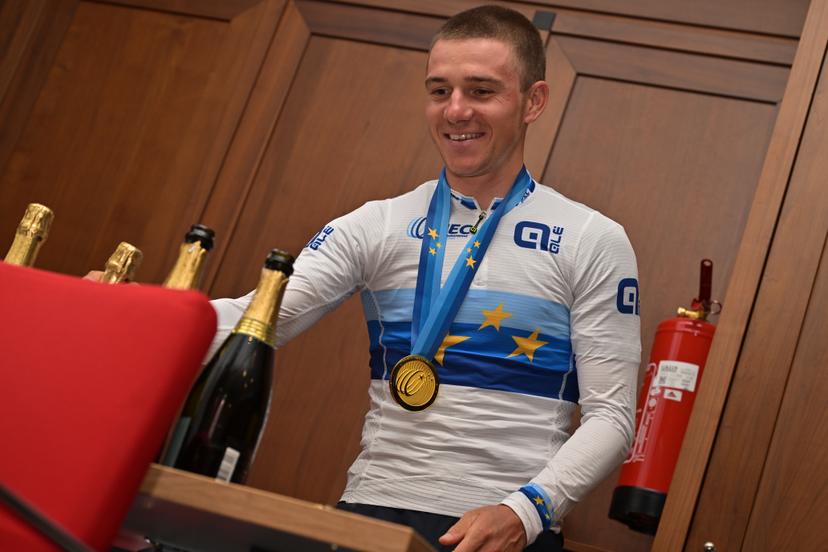 Belgium's Remco Evenepoel pictured during celebrations at the hotel of Team Belgium after Evenepoel's victory in the elite men Road Race race (196,2 km) at the cycling UEC Road European Championships, in Ljubljana, Slovenia Sunday 4 October 2026. The UEC Road European Championships are taking place from 02 to 07 October in Ljubljana, Slovenia. BELGA PHOTO DAVID PINTENS