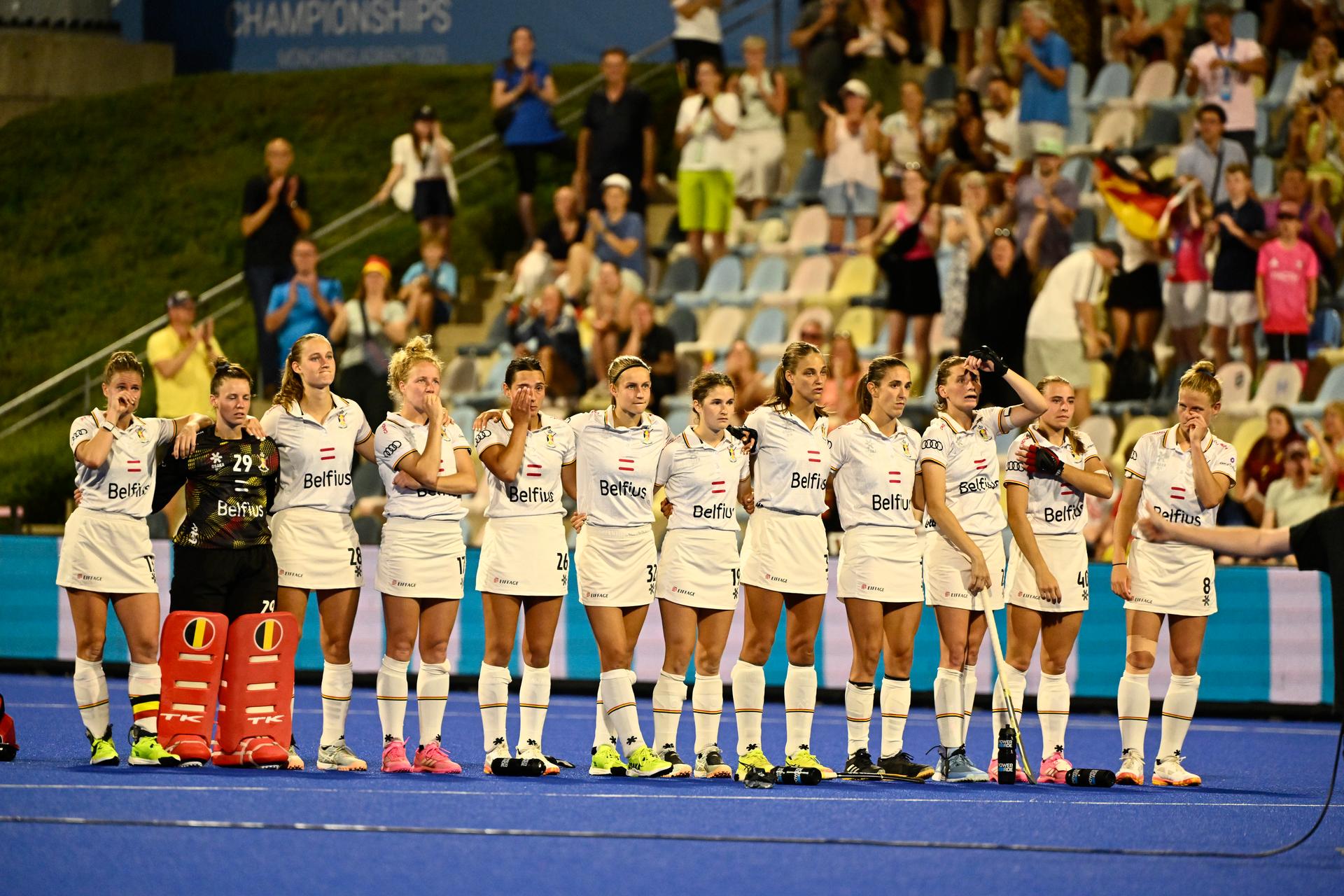 Red Panthers players react at a hockey game between Germany and the Belgian national team Red Panthers, the semi-finals of the 2025 women's European championships, Friday 15 August 2025 in Monchengladbach, Germany. BELGA PHOTO ERIC LALMAND