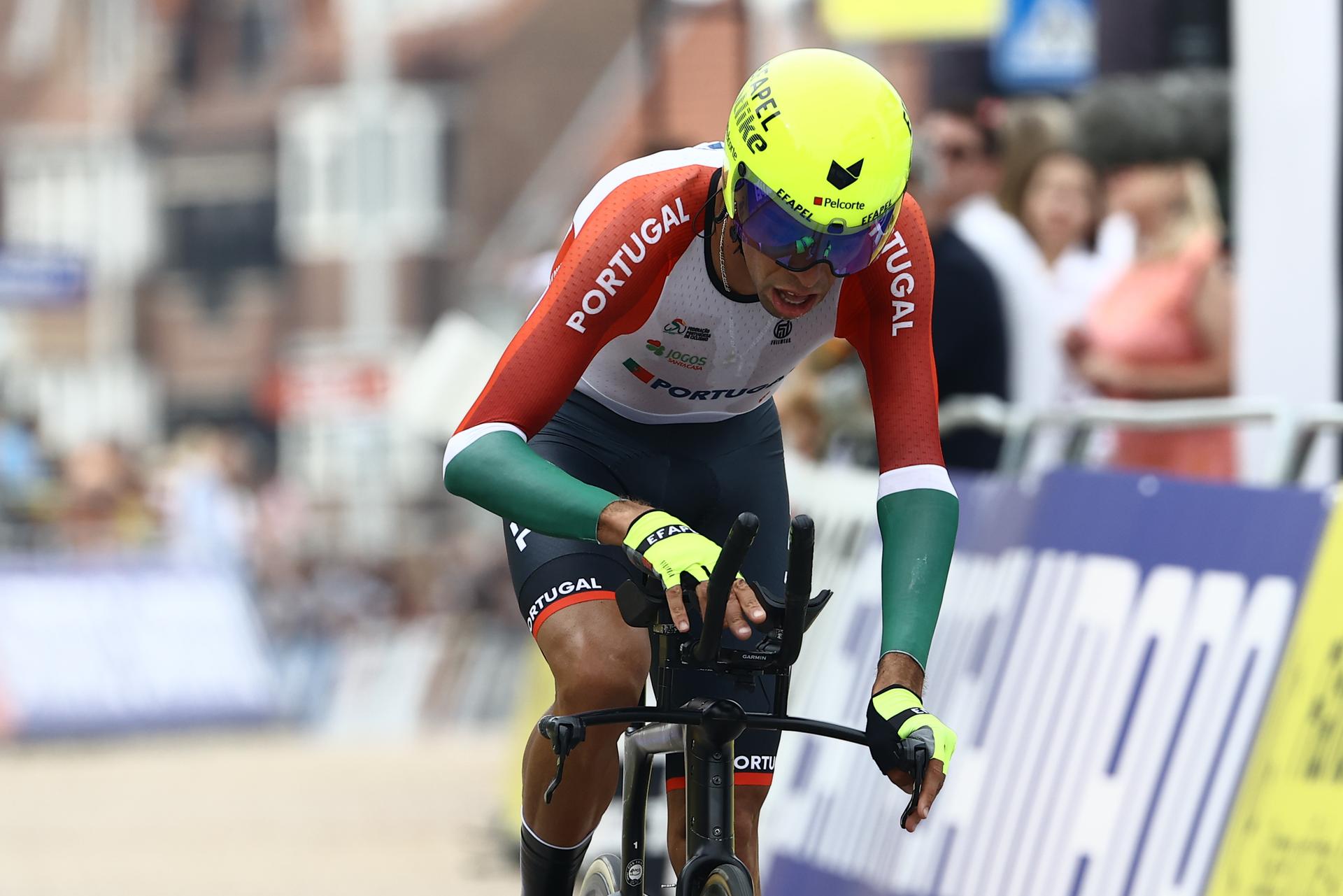 Portugal's Rafael Reis crosses the finish line of the men elite time trial race, 43,3 km from Knokke-Heist to Brugge, at the UCI World Championships Road Cycling Flanders 2021, in Brugge on Sunday 19 September 2021. The Worlds take place from 19 to 26 September 2021, in several cities in Flanders, Belgium. BELGA PHOTO KURT DESPLENTER