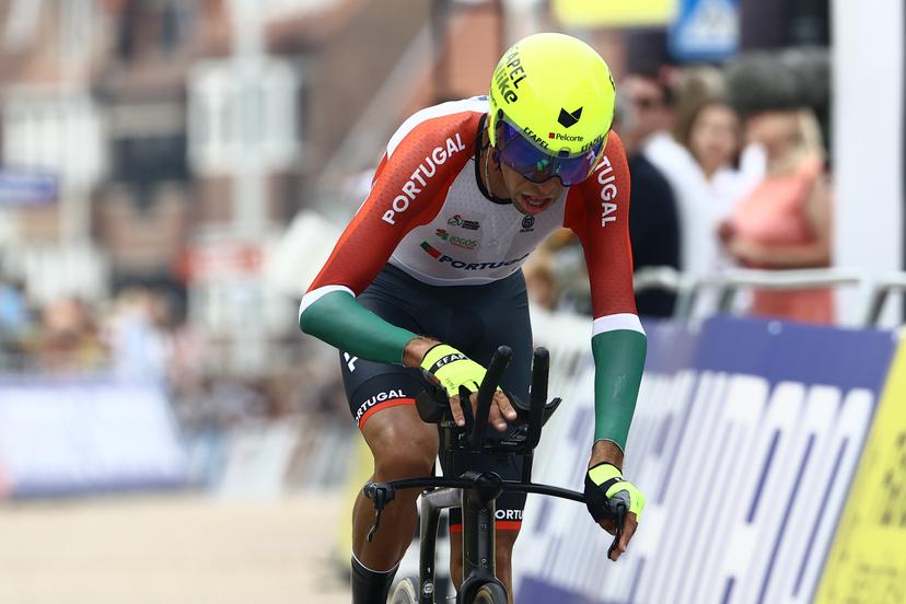 Portugal's Rafael Reis crosses the finish line of the men elite time trial race, 43,3 km from Knokke-Heist to Brugge, at the UCI World Championships Road Cycling Flanders 2021, in Brugge on Sunday 19 September 2021. The Worlds take place from 19 to 26 September 2021, in several cities in Flanders, Belgium. BELGA PHOTO KURT DESPLENTER