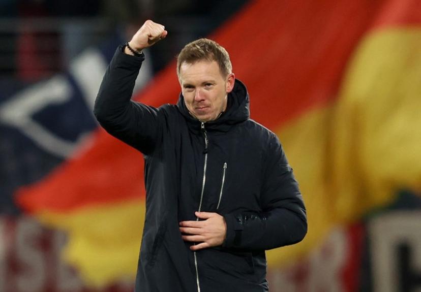 Germany's headcoach Julian Nagelsmann reacts after the FIFA World Cup 2026 European qualification Group A football match between Germany and Slovakia, at the Red Bull Arena in Leipzig, eastern Germany on November 17, 2025.  Ronny HARTMANN / AFP
