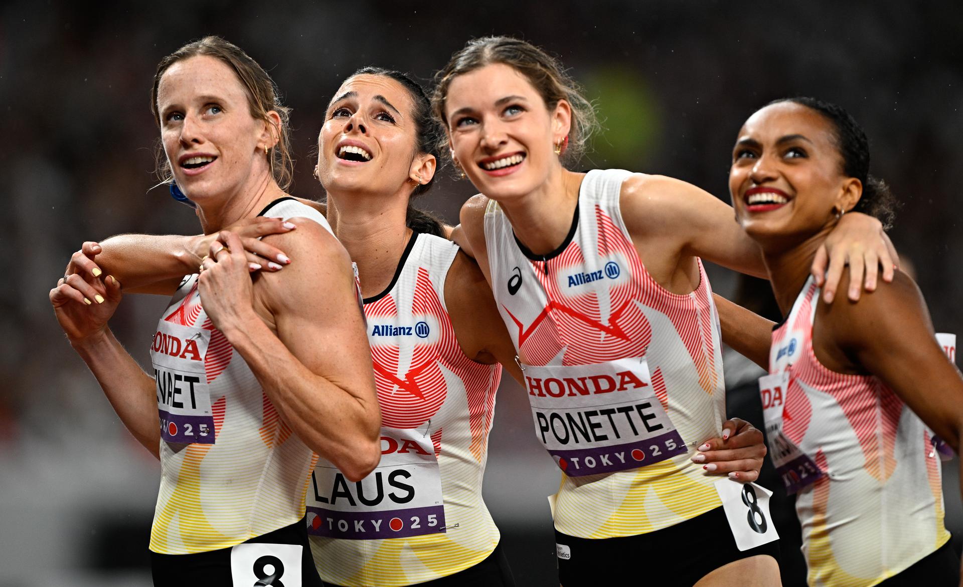 Belgian Imke Vervaet, Belgian Camille Laus, Belgian Helena Ponette and Belgian Naomi Van den Broeck pictured after the final of the women's 4x400m relay race, at the World Athletics Championships in Tokyo, Japan, on Sunday 21 September 2025. The outdoor Worlds are taking place from 13 to 21 September. BELGA PHOTO JASPER JACOBS