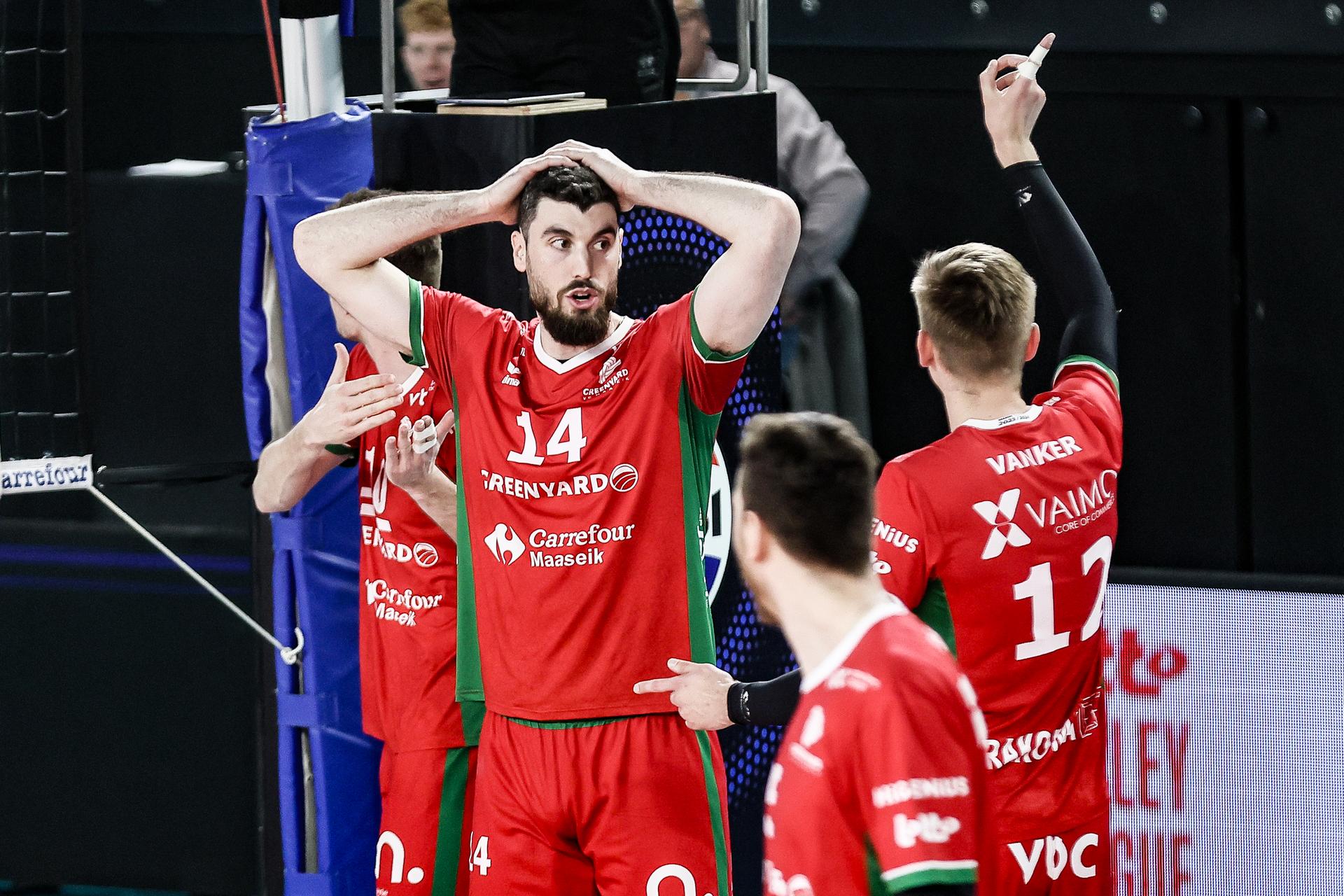 Maaseik's Miguel Angel Fornes reacts during a volleyball match between Greenyard Maaseik and Knack Roeselare, Sunday 28 April 2024 in Maaseik, the last match of the best-of-five finals in the Play Offs of the Belgian volleyball competition. BELGA PHOTO BRUNO FAHY