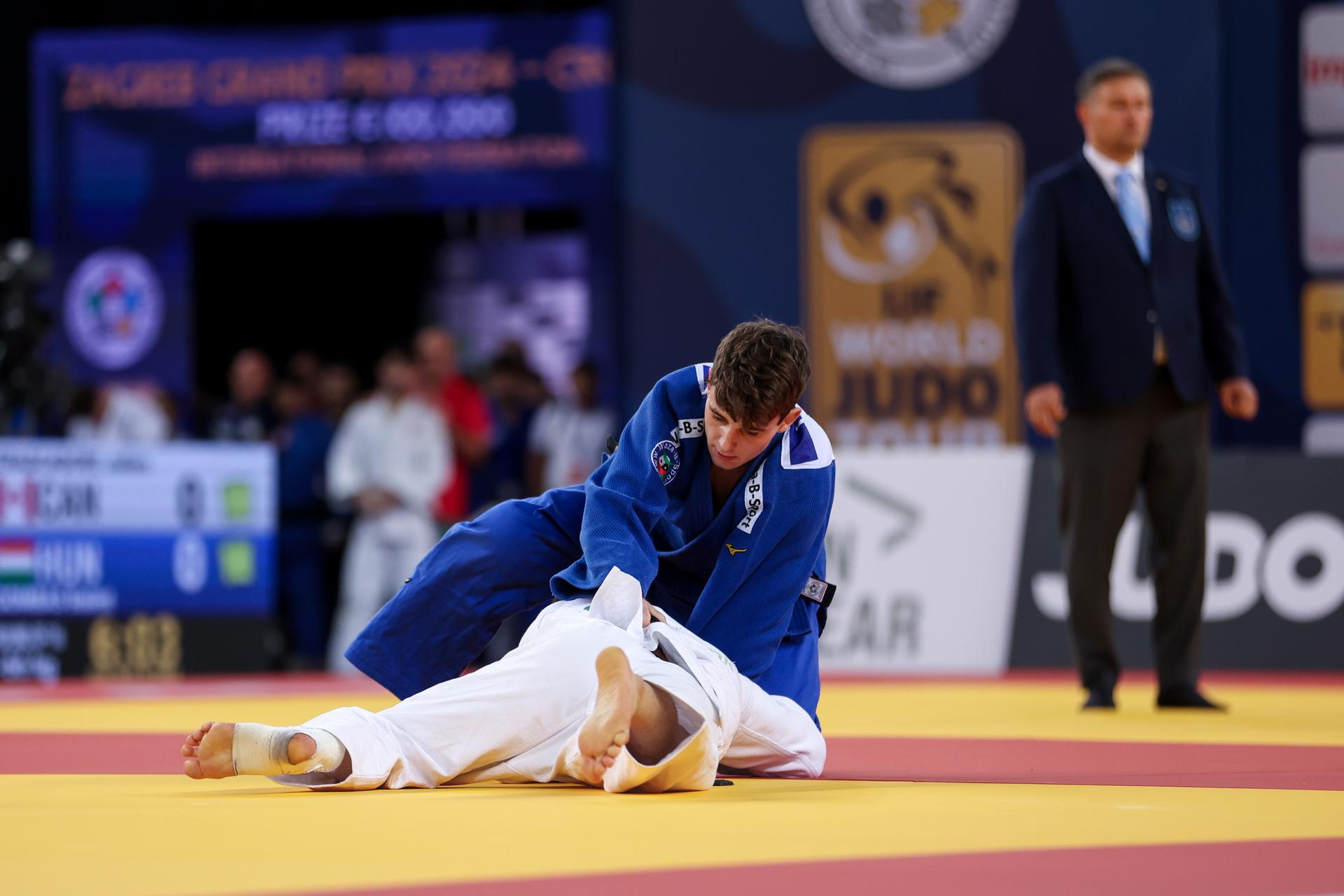 Ahmad Yusifov of Azerbaijan (white) competes against Olivier Naert of Belgium (blue) in the Men's -60 kg during day 1 of IJF Judo Grand Prix Zagreb 2024 at Arena Zagreb on September 13, 2024 in Zagreb, Croatia. Photo: Igor Kralj/PIXSELL BENELUX ONLY