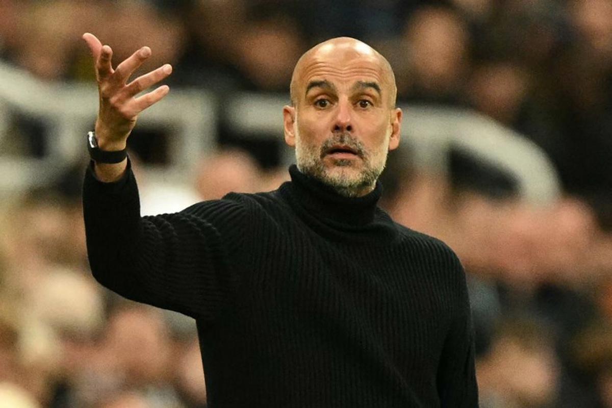Manchester City's Spanish manager Pep Guardiola gestures on the touchline during the English Premier League football match between Newcastle United and Manchester City at St James' Park in Newcastle-upon-Tyne, north east England on November 22, 2025.  Oli SCARFF / AFP