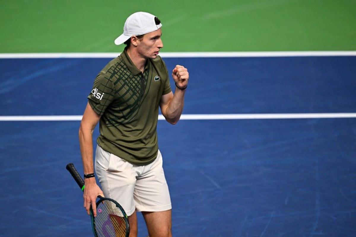 France's Ugo Humbert reacts while playing against Denmark's Holger Rune (not in Picture) during the semi-final of the BNP Paribas Nordic Open tennis tournament at the Royal Swedish Tennis Hall in Stockholm, Sweden, on October 18, 2025.   Anders WIKLUND / TT NEWS AGENCY / AFP