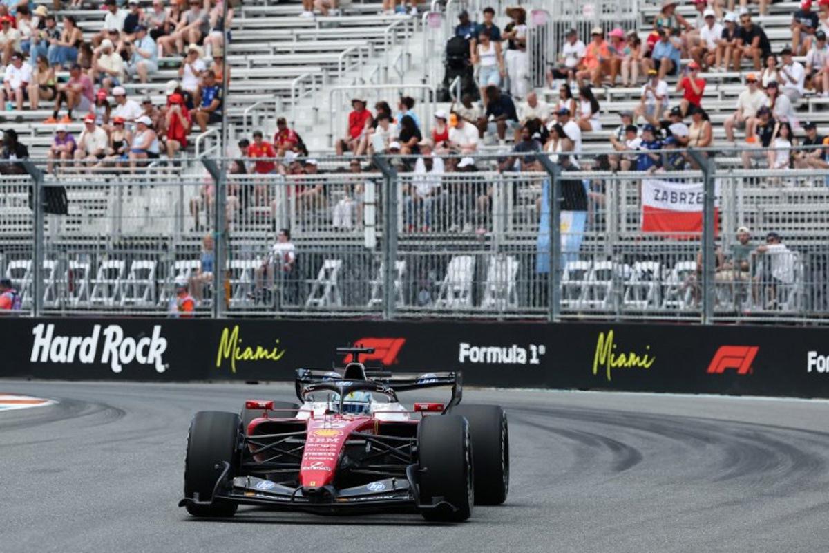 Ferrari's Monegasque driver Charles Leclerc races during a practice session for the 2026 Miami Formula One Grand Prix at Miami International Autodrome in Miami Gardens, Florida, on May 1, 2026.   CHARLY TRIBALLEAU / AFP