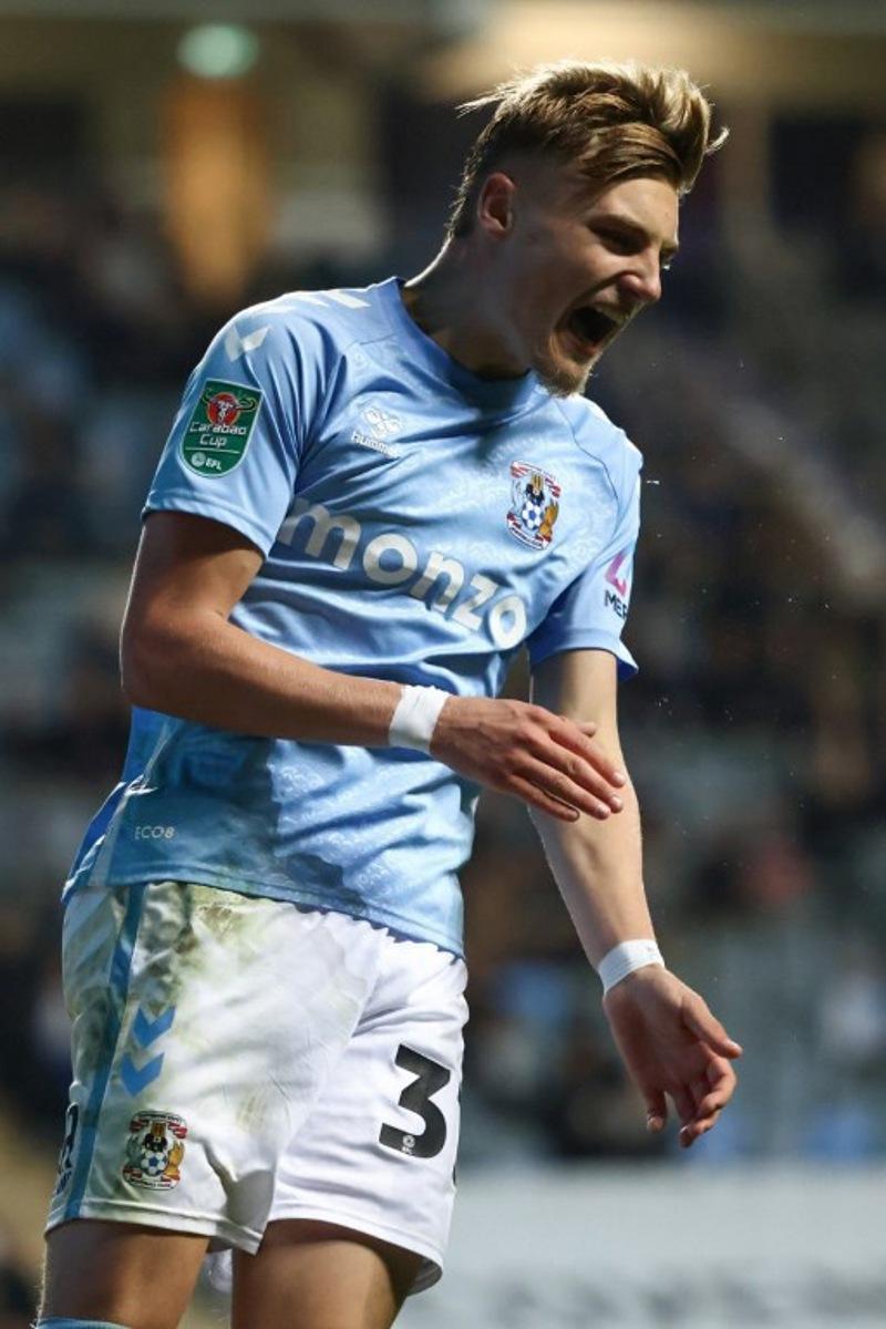 Coventry City's Belgian forward #37 Norman Bassette reacts following a missed opportunity during the English League Cup third round football match between Coventry City and Tottenham Hotspur at the Coventry Building Society Arena in Coventry, central England on September 18, 2024.  Darren Staples / AFP