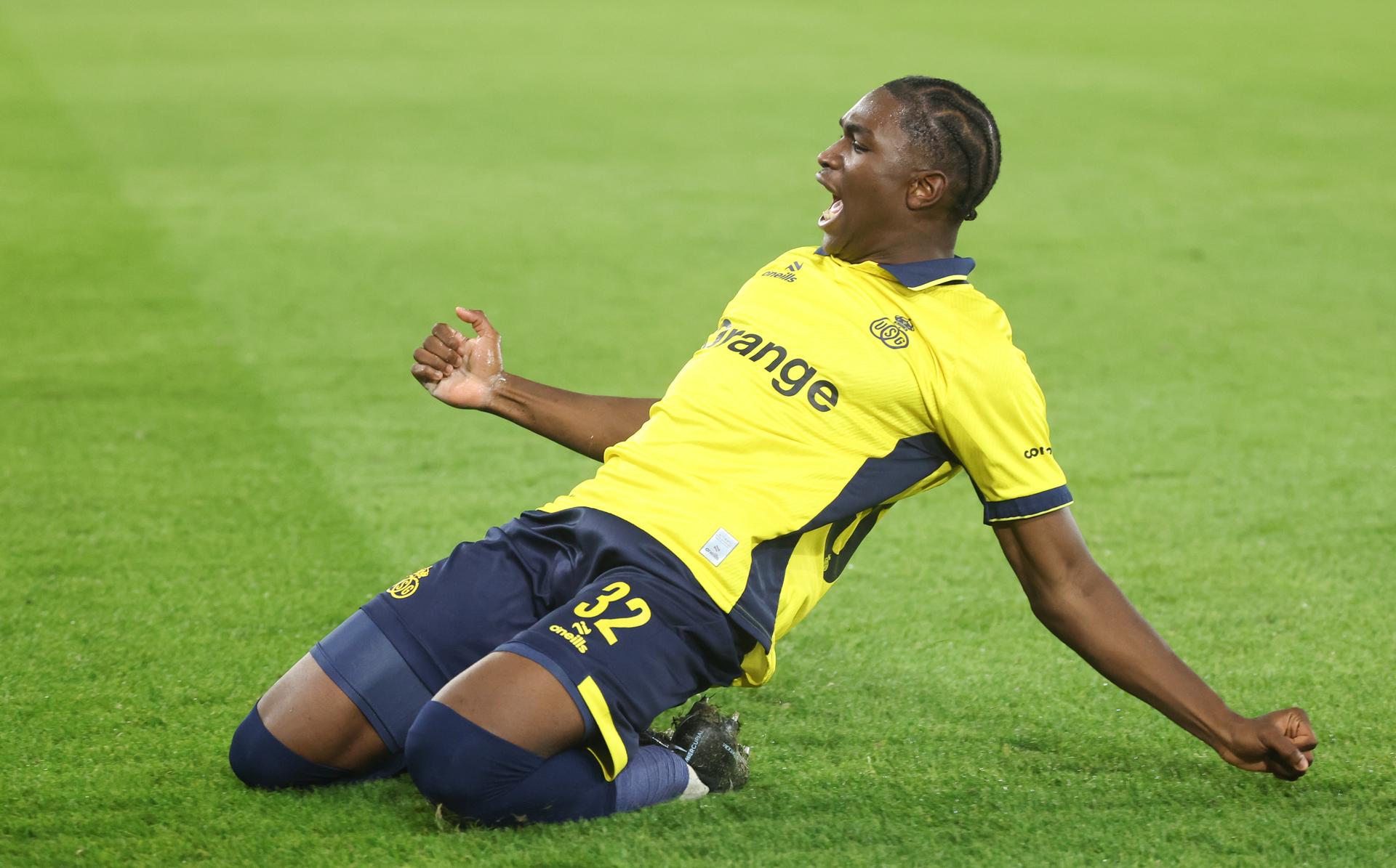 Union's Sekou Keita celebrates after scoring during a soccer game between Belgian Royale Union Saint-Gilloise and Spanish Real Sociedad, Thursday 15 October 2026 in Leuven, the 2nd match of the UEFA Europa League league phase. BELGA PHOTO VIRGINIE LEFOUR