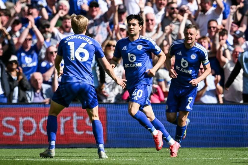 Leicester City's Argentinian midfielder #40 Facundo Buonanotte celebrates after scoring his team second goal during the English Premier League football match between Nottingham Forest and Leicester City at The City Ground in Nottingham, central England, on May 11, 2025.  JUSTIN TALLIS / AFP