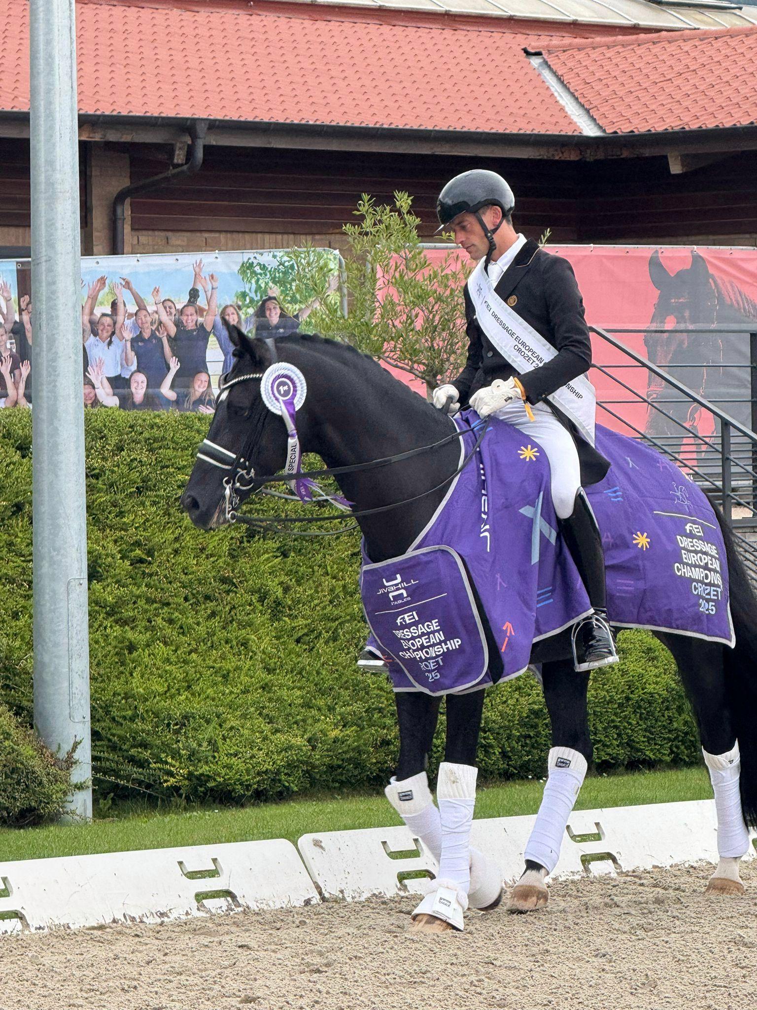 ATTENTION EDITORS - HAND OUT PICTURES - EDITORIAL USE ONLY - MANDATORY CREDIT 'WENDY LAEREMANS'  This handout picture, distributed by Wendy Laeremans, shows Justin Verboomen, who won a Gold medal with Zonik Plus in the Grand Prix Special at the European Championship in Crozet, on Friday 29 August 2025. Verboomen and Zonik won with a score of 82.371% ahead of Denmark's Cathrine Laudrup-Dufour and Isabell Werth. BELGA PHOTO WENDY LAEREMANS  *** Belga and Belga Editorial Board decline all responsibility regarding the content of this picture. ***