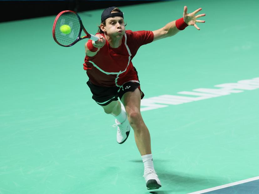 Belgian Zizou Bergs pictured in action during a tennis match against French Rinderknech, the second match of the Davis Cup quarter-finals between Belgium and France, in Bologna, Italy, on Tuesday 18 November 2025. Davis Cup top eight Finals takes place in Bologna from November 18 to 23. BELGA PHOTO BENOIT DOPPAGNE