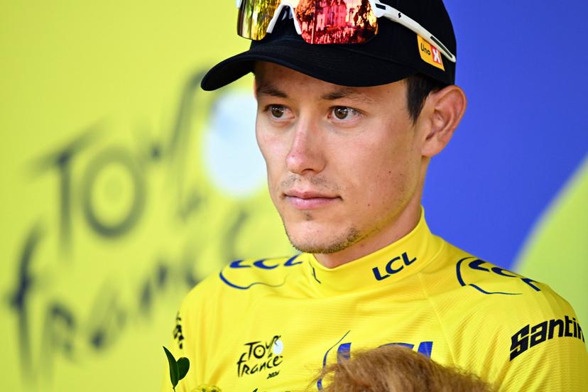 Norwegian Torstein Traeen of Uno-X Mobility celebrates on the podium in the yellow jersey of leader in the overall ranking after stage 4 of the 2026 Tour de France cycling race, a stage of 181,9km from Carcassonne to Foix, on Tuesday 07 July 2026. The 113th edition of the Tour de France starts on Saturday 4 July in Barcelona, Spain, and will finish in Paris, France on the 26th of July.  BELGA PHOTO JASPER JACOBS