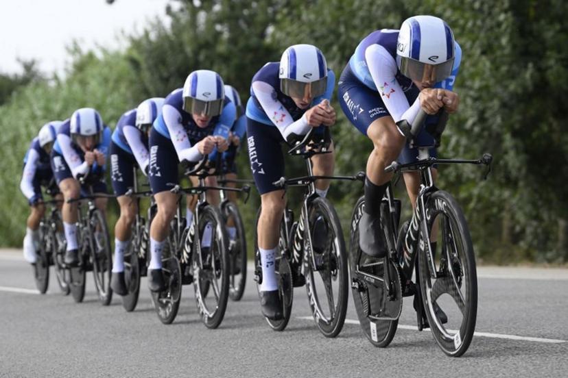 Team Israel Premier Tech 's riders compete during the fifth stage of La Vuelta a Espana cycling tour, a 24.1 km time-trial team race in Figueres, on August 27, 2025.    Josep LAGO / AFP