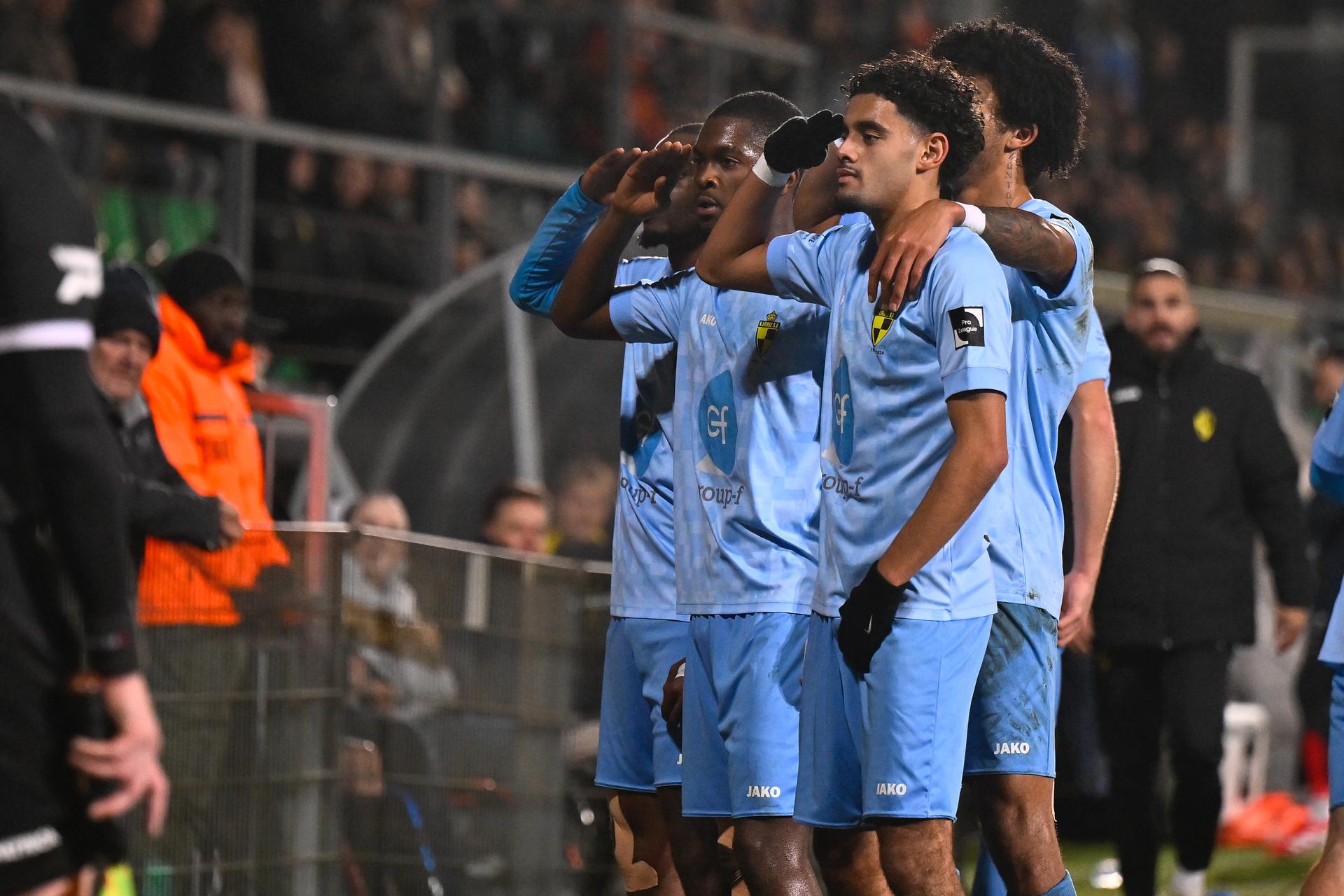 Lierse's Dirk Asare celebrates after scoring during a soccer game between Lommel SK and Lierse SK, Friday 19 December 2025 in Lommel, on day 19 of the 2025-2026 'Challenger Pro League' 1B second division of the Belgian championship. BELGA PHOTO JOHAN EYCKENS
