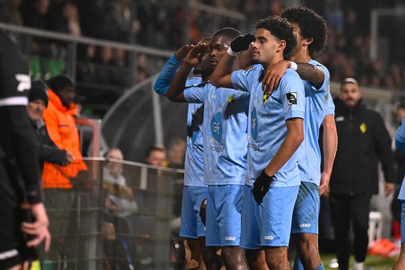 Lierse's Dirk Asare celebrates after scoring during a soccer game between Lommel SK and Lierse SK, Friday 19 December 2025 in Lommel, on day 19 of the 2025-2026 'Challenger Pro League' 1B second division of the Belgian championship. BELGA PHOTO JOHAN EYCKENS