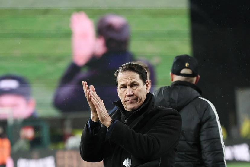 Belgium's head coach Rudi Garcia celebrates after a soccer game between Belgium's Red Devils and Liechtenstein, the last FIFA World Cup 2026 qualification match, in Liege on Tuesday 18 November 2025. BELGA PHOTO BRUNO FAHY