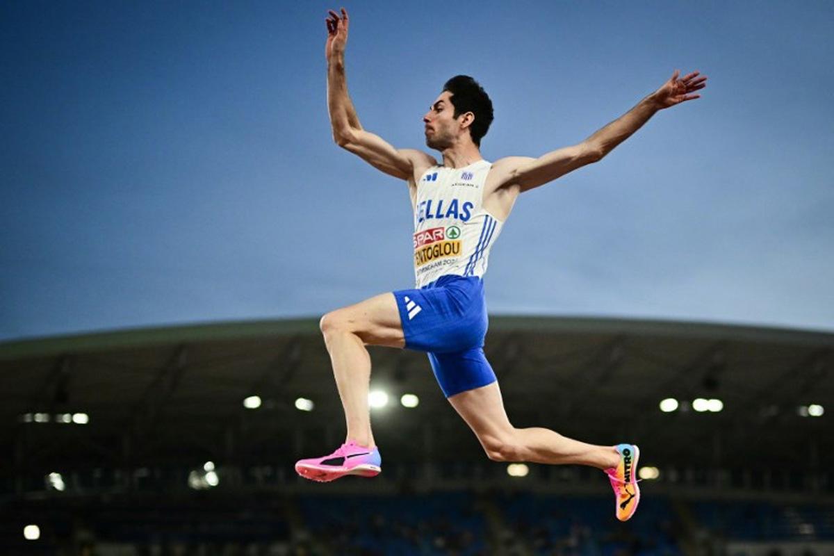 Greece's Miltiadis Tentoglou competes in the men's long jump final during the European Athletics Championships at Alexander Stadium in Birmingham on August 11, 2026.  Ben STANSALL / AFP