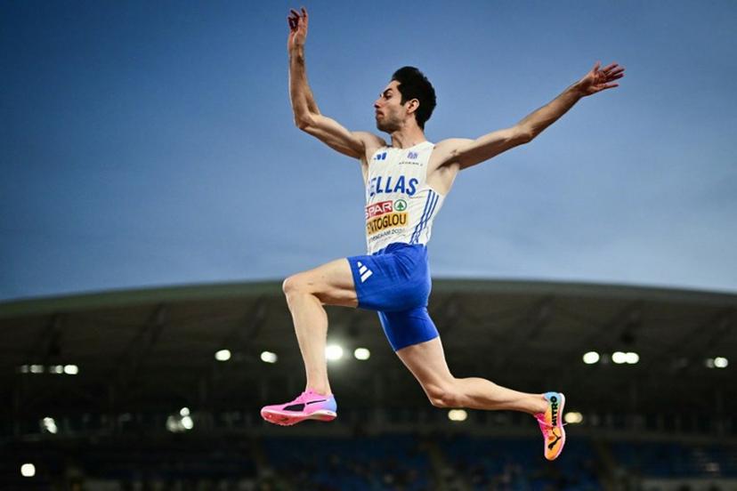 Greece's Miltiadis Tentoglou competes in the men's long jump final during the European Athletics Championships at Alexander Stadium in Birmingham on August 11, 2026.  Ben STANSALL / AFP