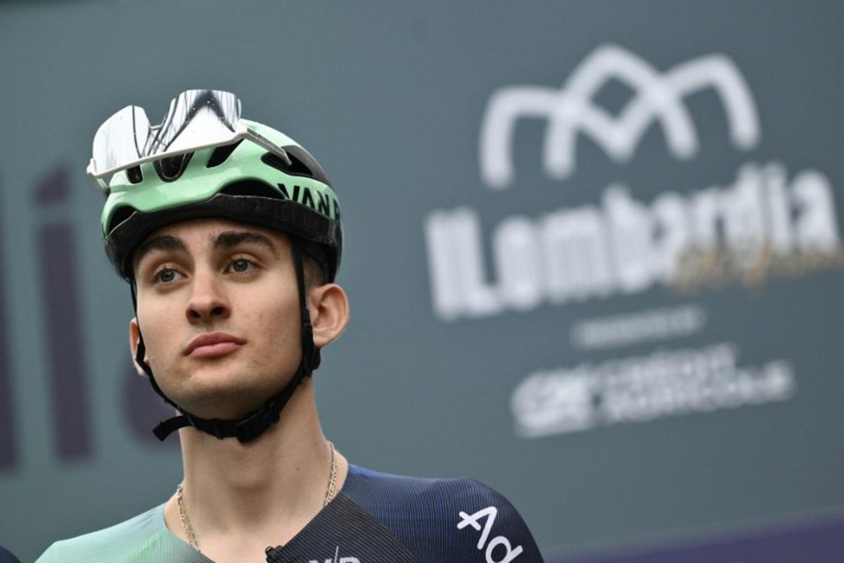 Decathlon CMA CGM Team's French rider Paul Seixas looks on before the start of the 120th edition of the Giro di Lombardia (Tour of Lombardy), a 239km cycling race from Bergamo to Como, in Bergamo on October 10, 2026.  Marco BERTORELLO / AFP