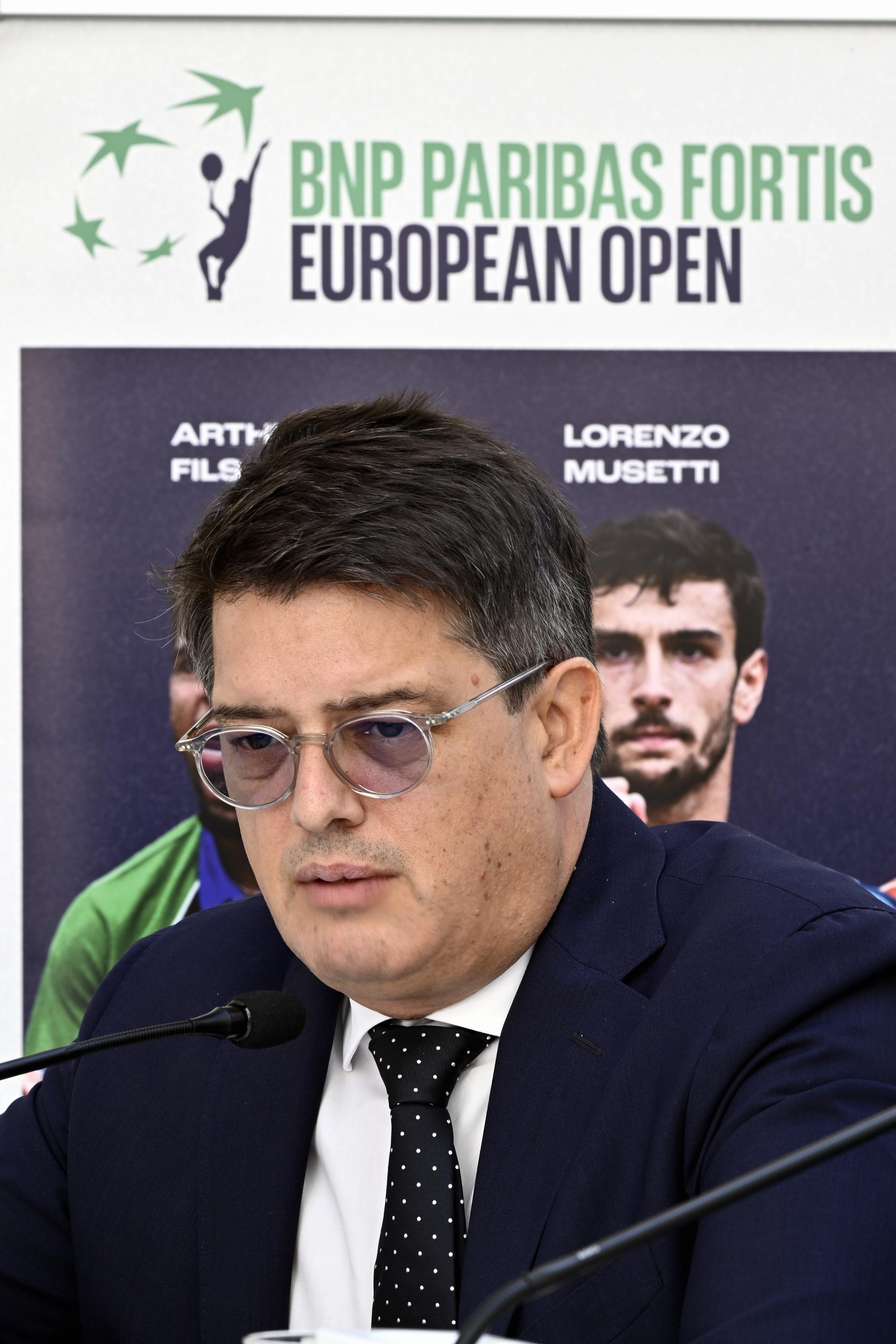 Kristoff Puelinckx pictured during a press conference of BNP Paribas Fortis bank regarding the European Open Tennis tournament, Tuesday 16 September 2025 in Brussels. BELGA PHOTO ERIC LALMAND