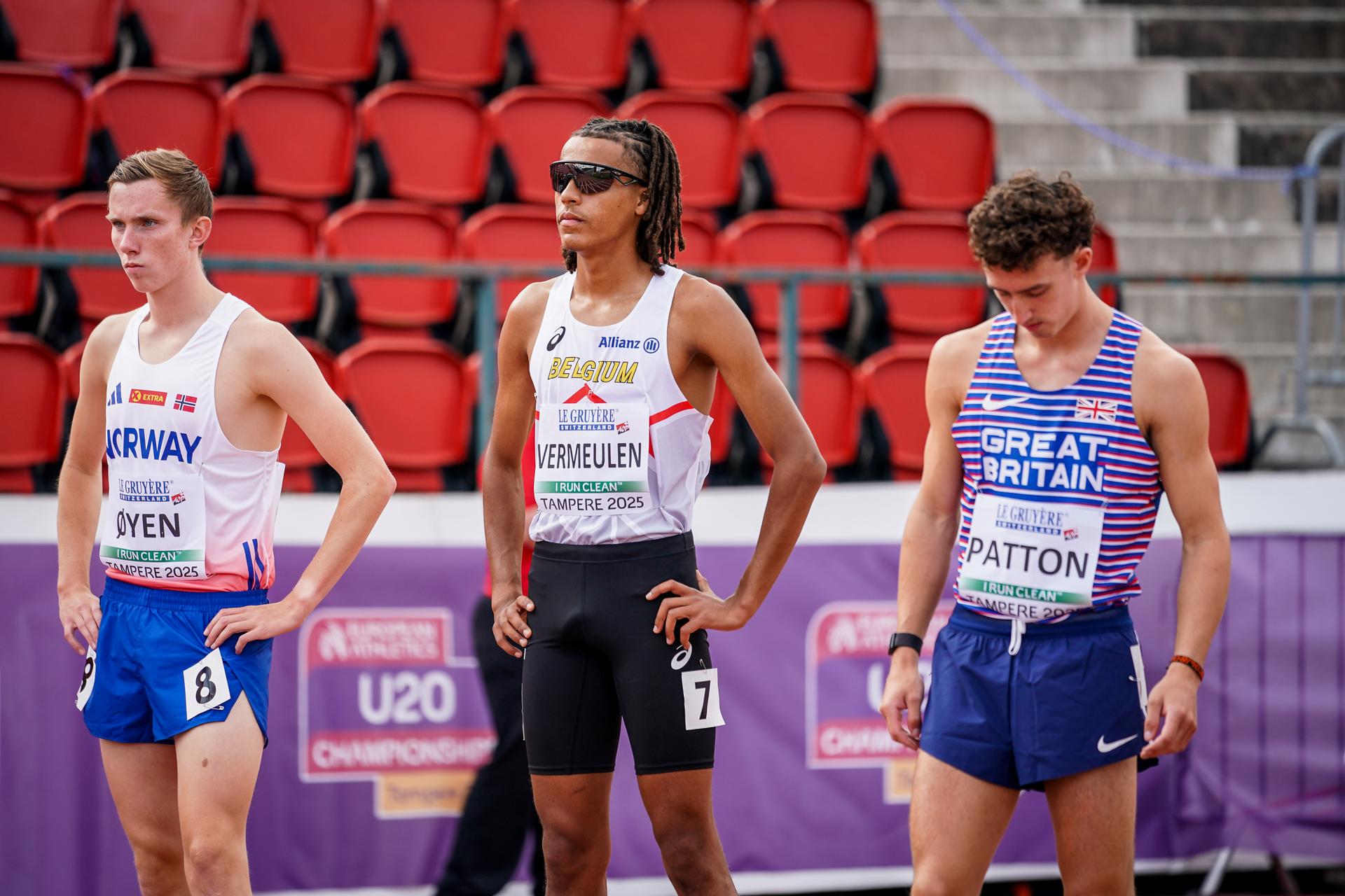 Belgian Elliot Vermeulen pictured at the start of the 1500m race, at the European Athletics U20 Championships, in Tampere, Finland, Friday 08 August 2025. The European U20 championships take place from 07 to 10 August.  BELGA PHOTO COEN SCHILDERMAN